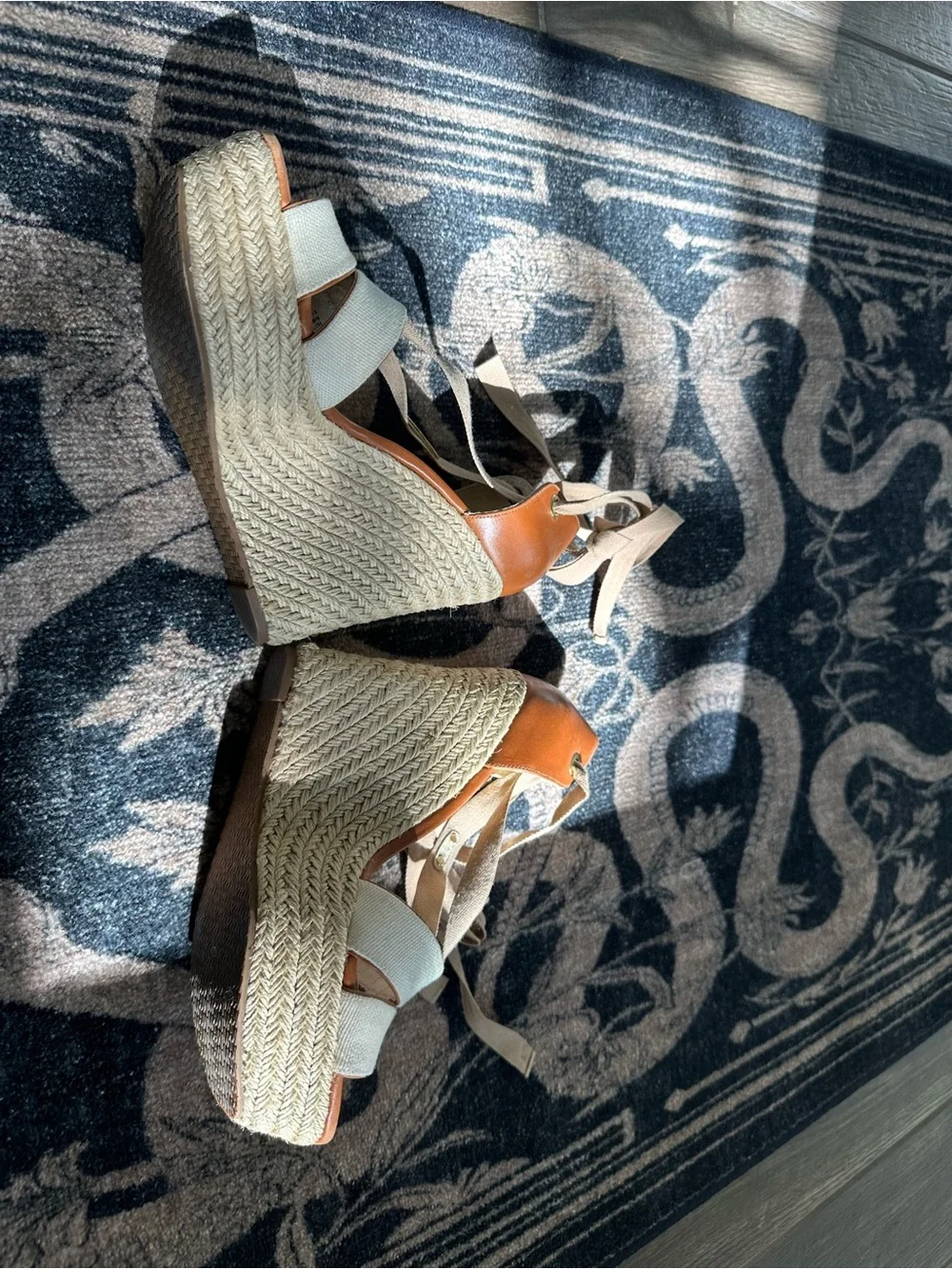 MICHAEL Michael Kors Beige and Brown Wedge Espadrille Sandals with Ankle Wrap
